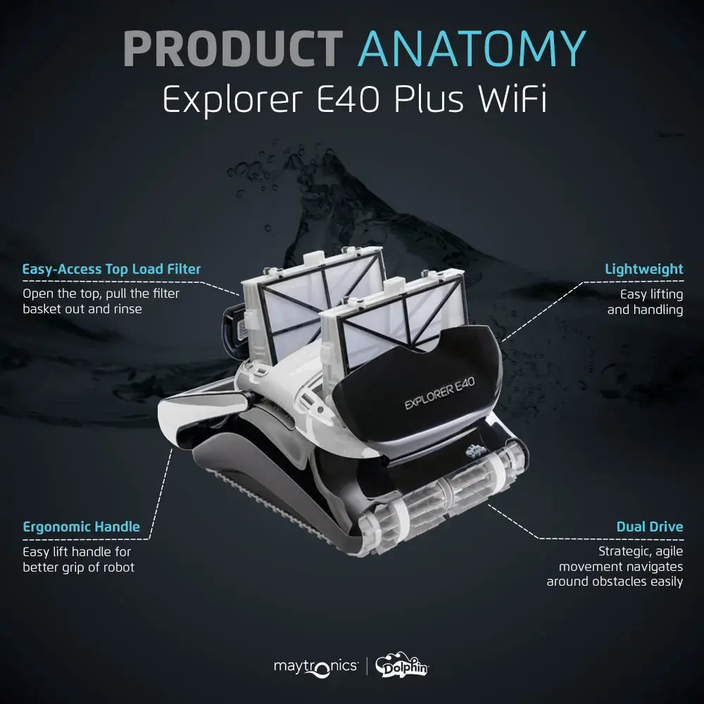 Dolphin - Explorer E40 Automatic Robotic Pool Vacuum Cleaner with Wi-Fi, Wall Climbing Capability, Waterline Scrubber Brush - Wi-Fi Connectivity