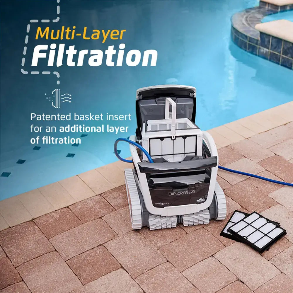 Dolphin - Explorer E70 Wi-Fi Automatic Robotic Pool Vacuum Cleaner w/ Included Caddy, Multi-Layer Filtration, Pool up to 50 FT - Wi-Fi Connectivity