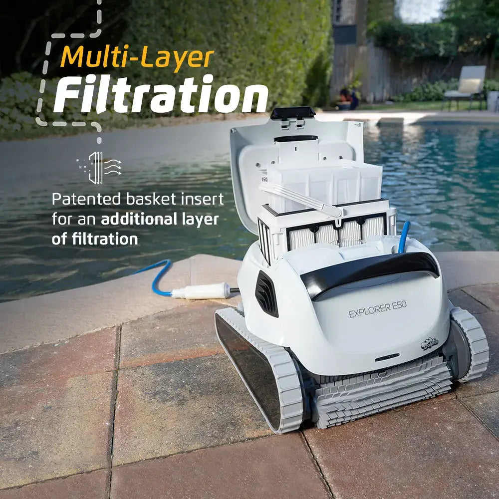 Dolphin - Explorer E50 Wi-Fi Automatic Robotic Pool Vacuum Cleaner, Waterline Scrubber Brush, Ideal for Pools Up to 50ft in Length - Wi-Fi Connectivity