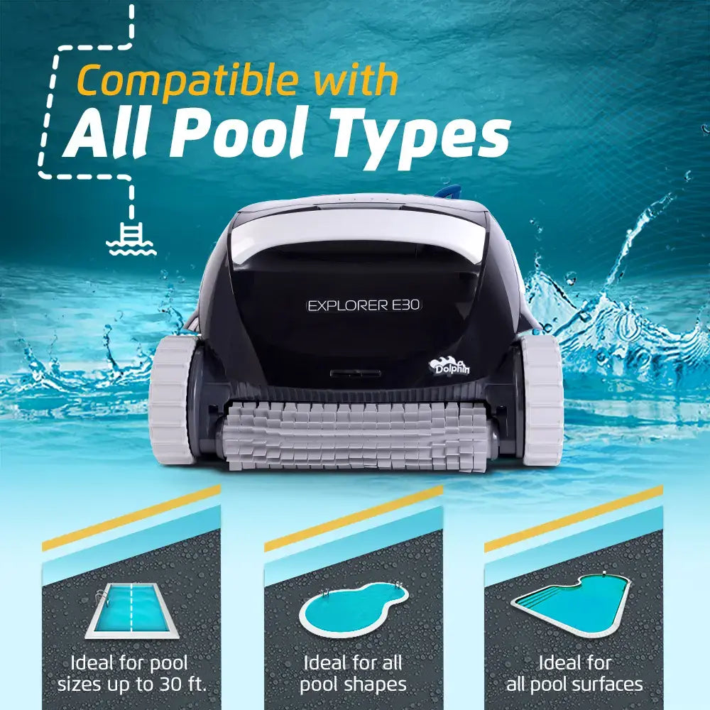Dolphin - Explorer E30 Wi-Fi Automatic Robotic Pool Vacuum Cleaner, Wall Climbing, Waterline Scrubber Brush, Pools 50 FT in Length - Wi-Fi Connectivity