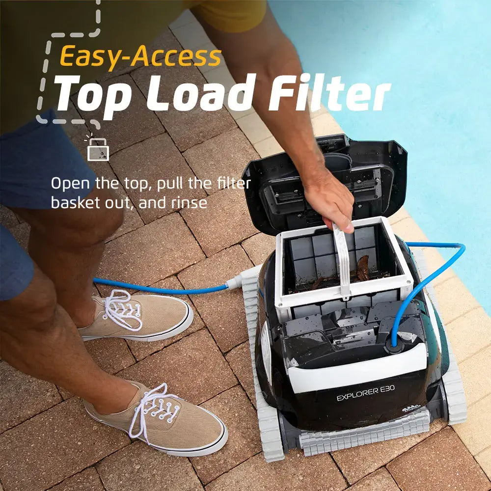 Dolphin - Explorer E30 Wi-Fi Automatic Robotic Pool Vacuum Cleaner, Wall Climbing, Waterline Scrubber Brush, Pools 50 FT in Length - Wi-Fi Connectivity
