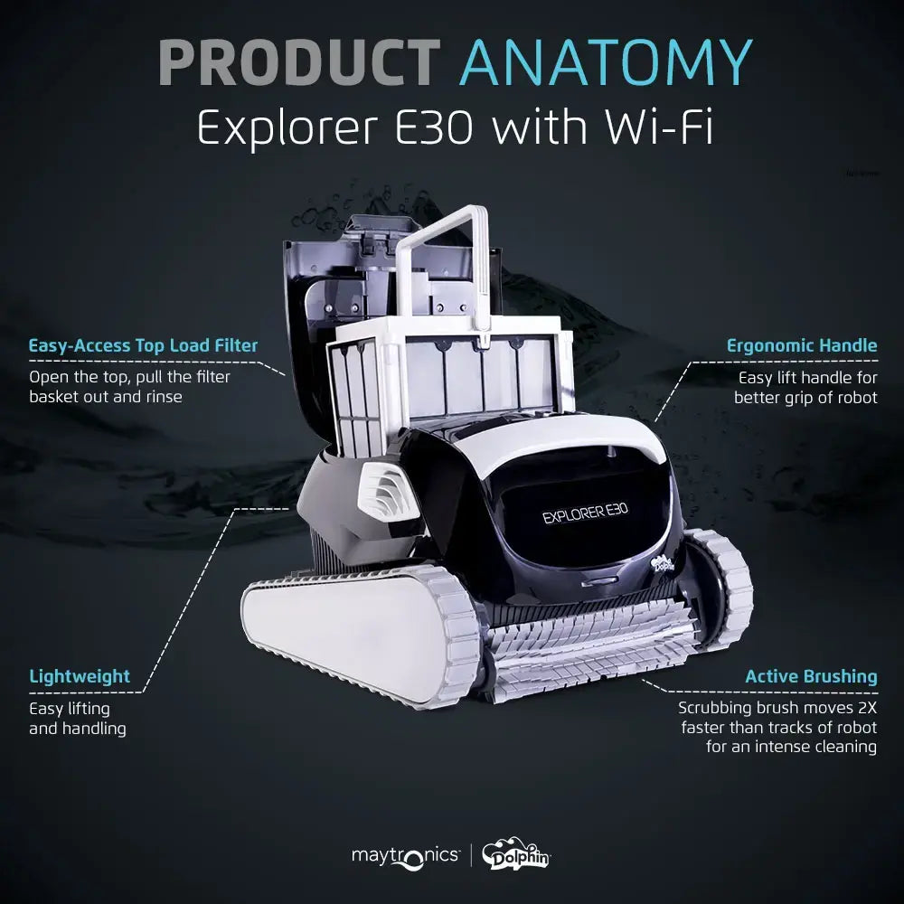 Dolphin - Explorer E30 Wi-Fi Automatic Robotic Pool Vacuum Cleaner, Wall Climbing, Waterline Scrubber Brush, Pools 50 FT in Length - Wi-Fi Connectivity