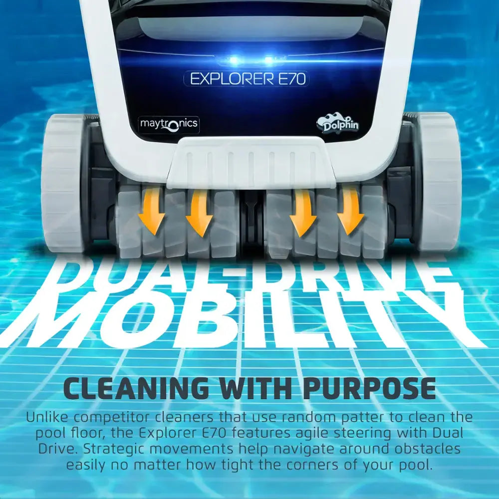 Dolphin - Explorer E70 Wi-Fi Automatic Robotic Pool Vacuum Cleaner w/ Included Caddy, Multi-Layer Filtration, Pool up to 50 FT - Wi-Fi Connectivity